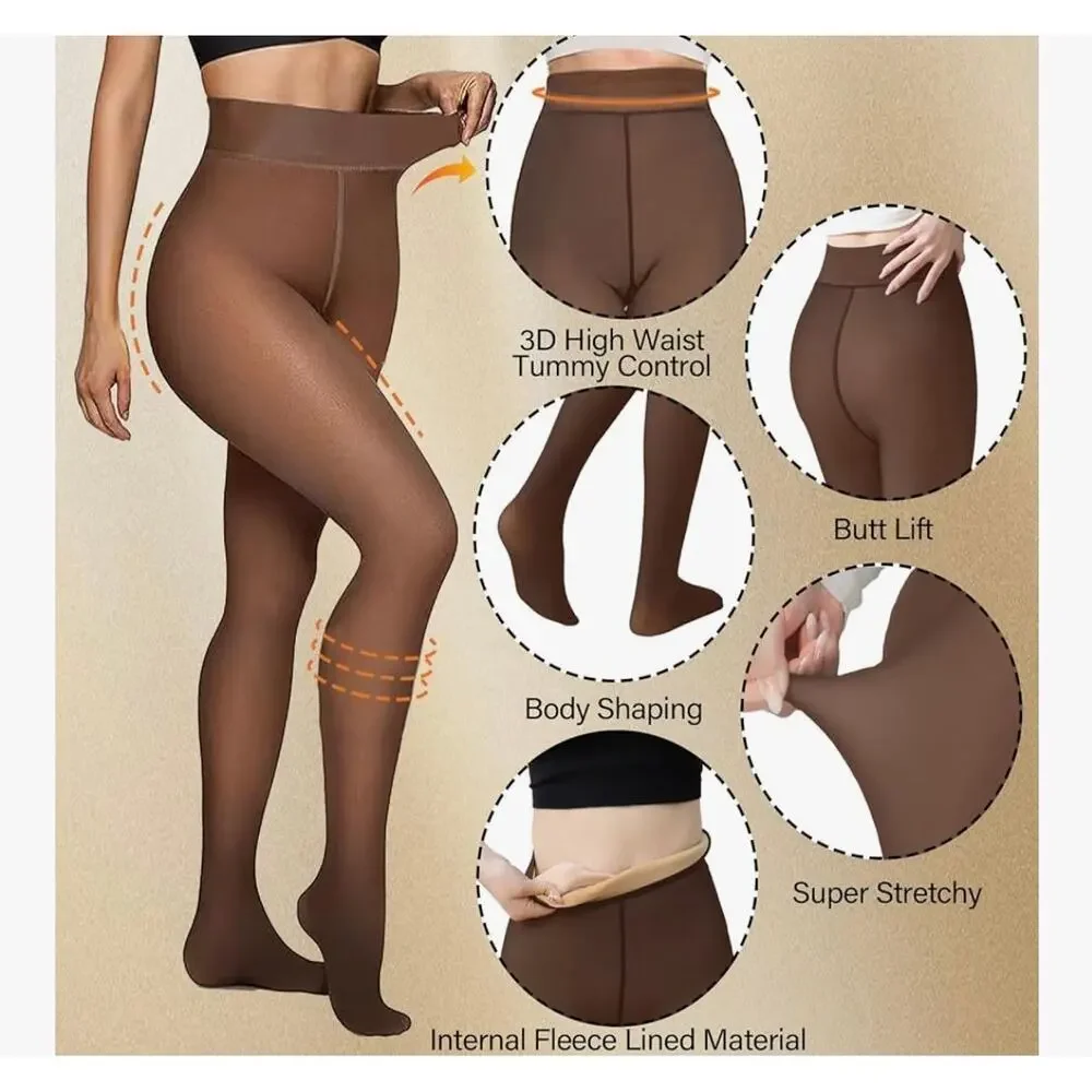 Delcast 2 Pairs Black Fleece Lined Tights Women Thermal Sheer XS